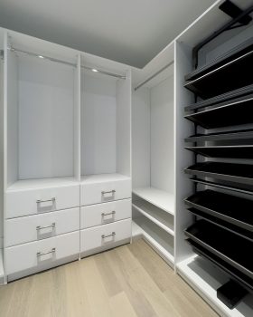 Custom closet details Toronto featuring specialized shoe racks and soft-close drawers